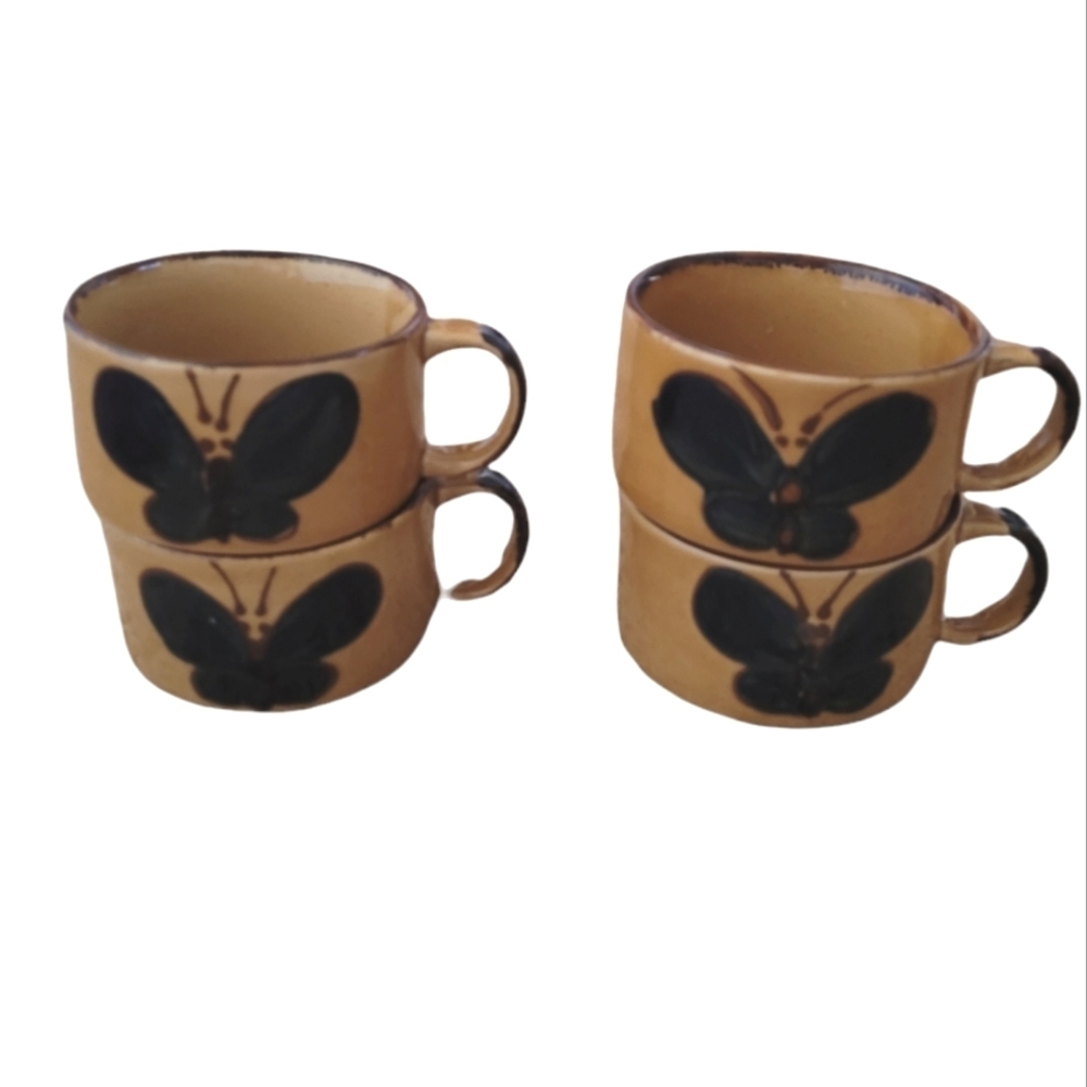 Vintage COTC Korea Butterfly Stoneware Coffee Mugs Set of 4 Tan Brown MCM